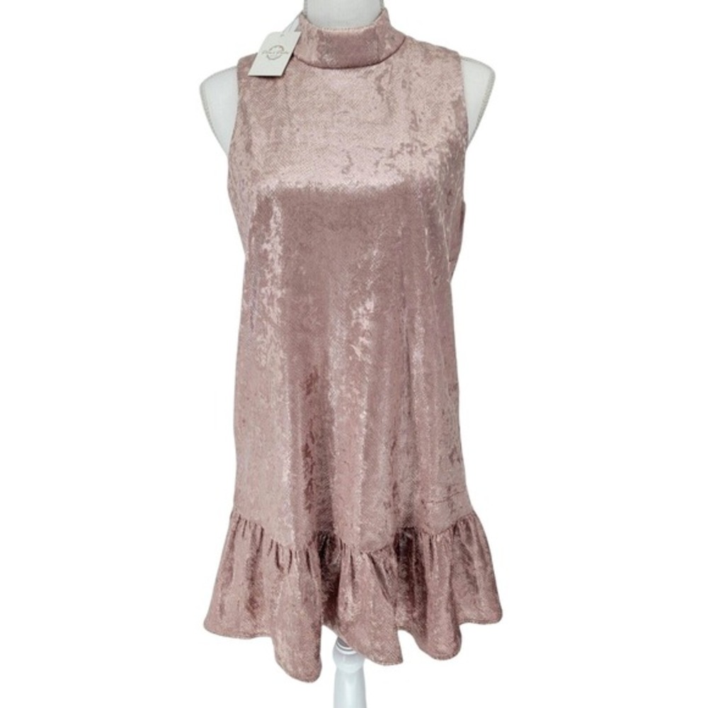 Velvet Mock Neck Shift Dress Women's Medium Pink Snake Print Ruffle Hem NWT‎
